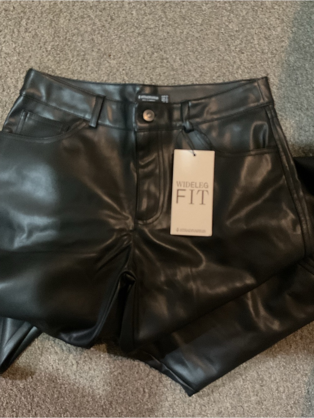 stradivarius Black Wide-Leg Faux Leather Jeans